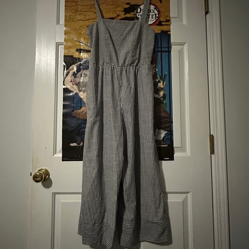 Blue and white striped romper with flare pants